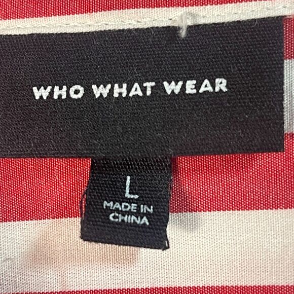 WHO WHAT WEAR red white stripe collared puff sleeve hidden buttons hi-lo hem LG - Picture 3 of 11